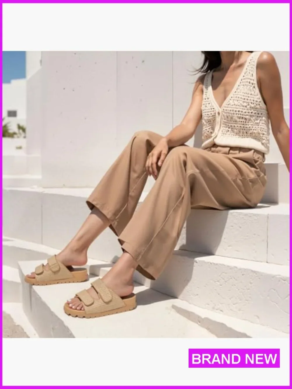 Woven Espadrille Slide Sandals Hook and Loop Slip-on Flat Beach Sandals